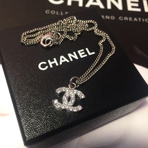 Chanel silver crystal CC pendant necklace